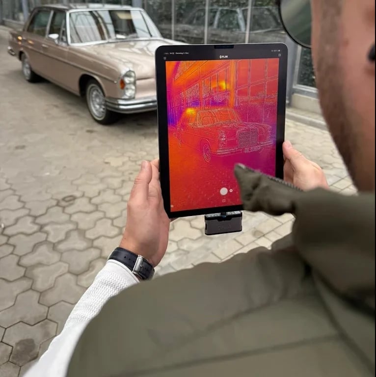 Person holding thermal imaging tablet showing heat signature of vintage car with visible engine heat patterns